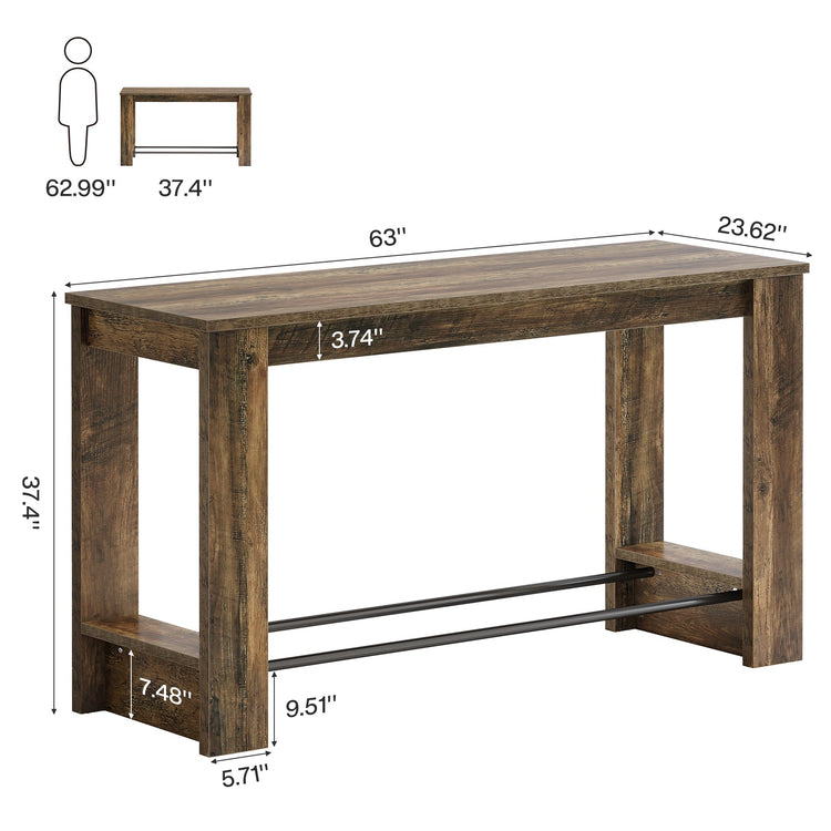 63" Bar Table Counter Height Pub Table with Metal Footrests