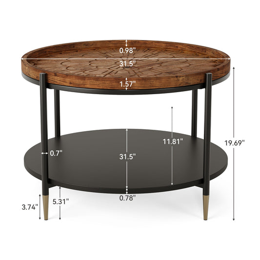 Solid Wood Round Coffee Table, 31.5" Center Tea Table with Metal Frame