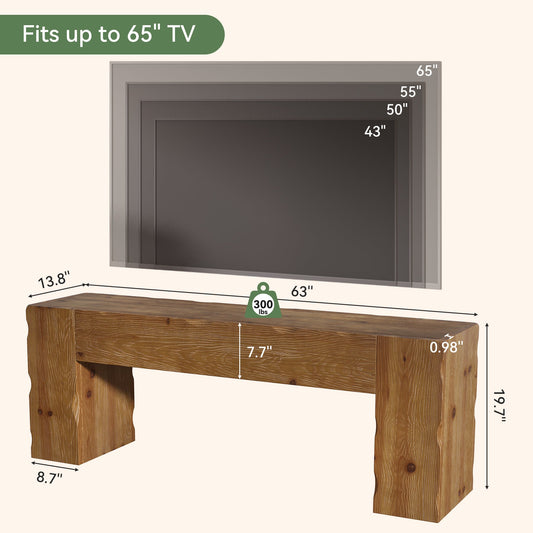 Solid Wood TV Stand for 65" TV, 63" Media Console with Hand Carved Wave Texture