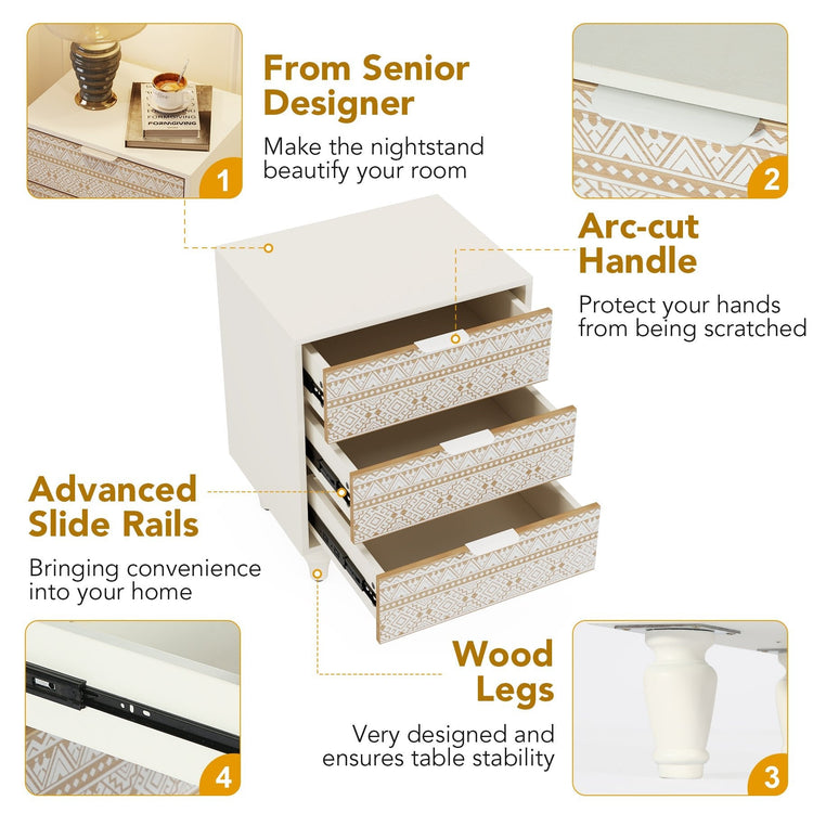 3 Drawers Nightstand Bedside Table with Hardwood Legs Tribesigns