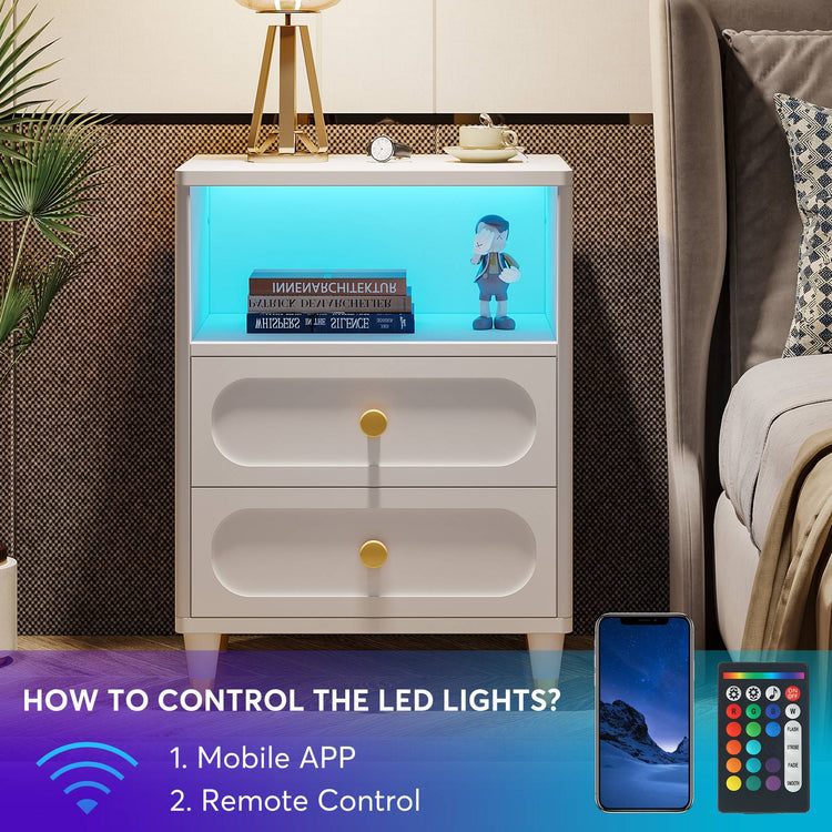 Nightstand, 2-Drawer Bedside Table with LED Light & Storage Shelf Tribesigns