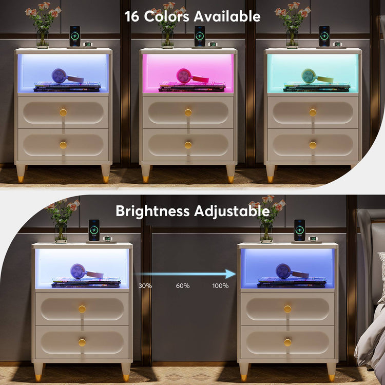 Nightstand, 2-Drawer Bedside Table with LED Light & Storage Shelf Tribesigns