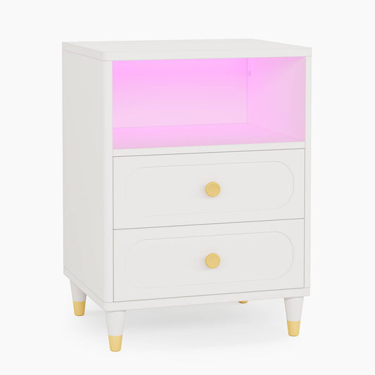 Nightstand, 2-Drawer Bedside Table with LED Light & Storage Shelf Tribesigns