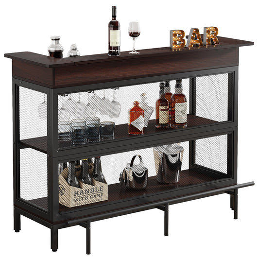 Home Bar Unit, Industrial 3 Tier Liquor Bar Table with Stemware Rack Tribesigns