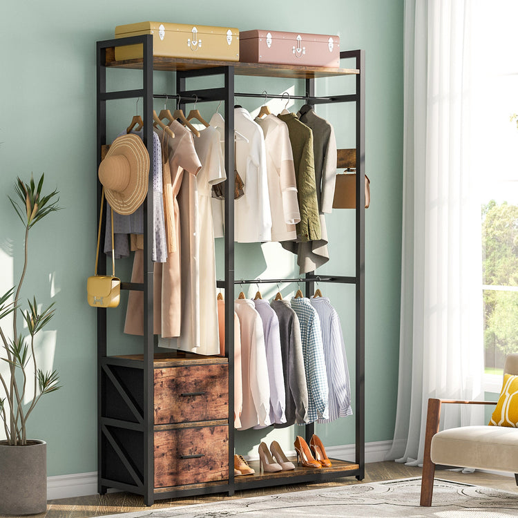 Freestanding Closet Organizer, 2 Fabric Drawers Garment Clothes Rack Tribesigns