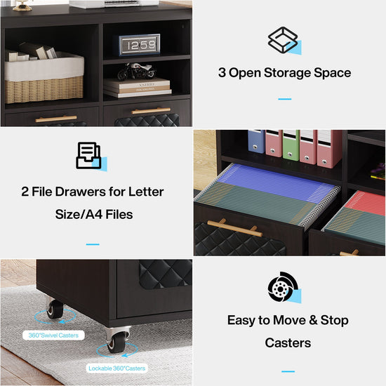 2-Drawer File Cabinet with Shelves, Mobile Wood Storage Cabinet Tribesigns