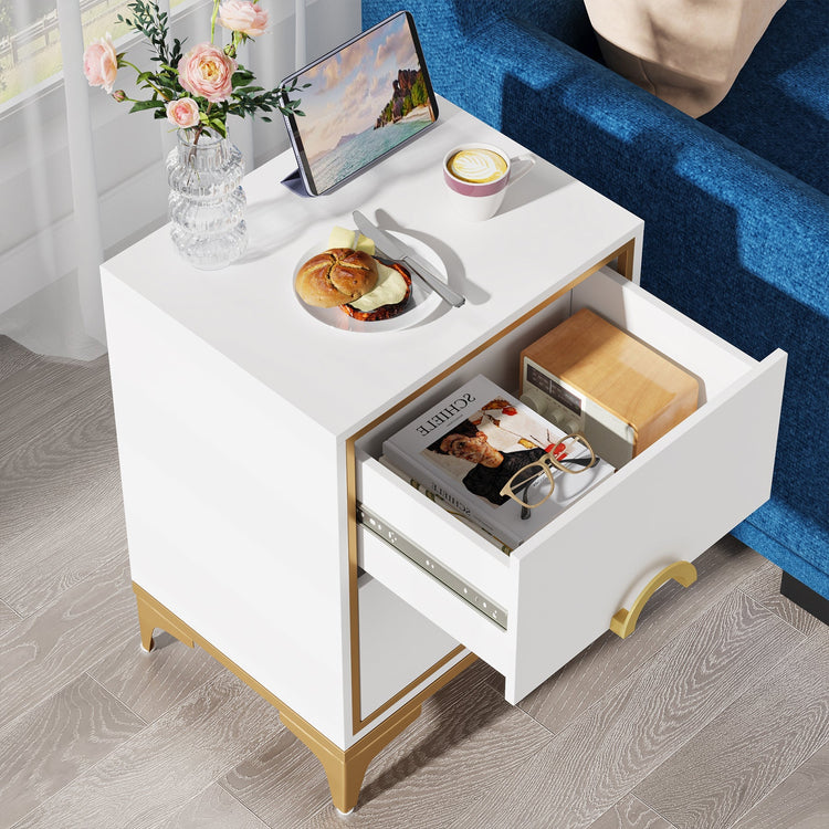 2-Drawer Nightstand, Modern Wood Bedside Table with Metal Legs Tribesigns