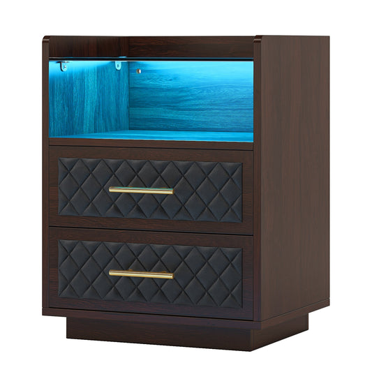 2 Drawers Nightstand Beside Table with LED Lights and Shelves Tribesigns
