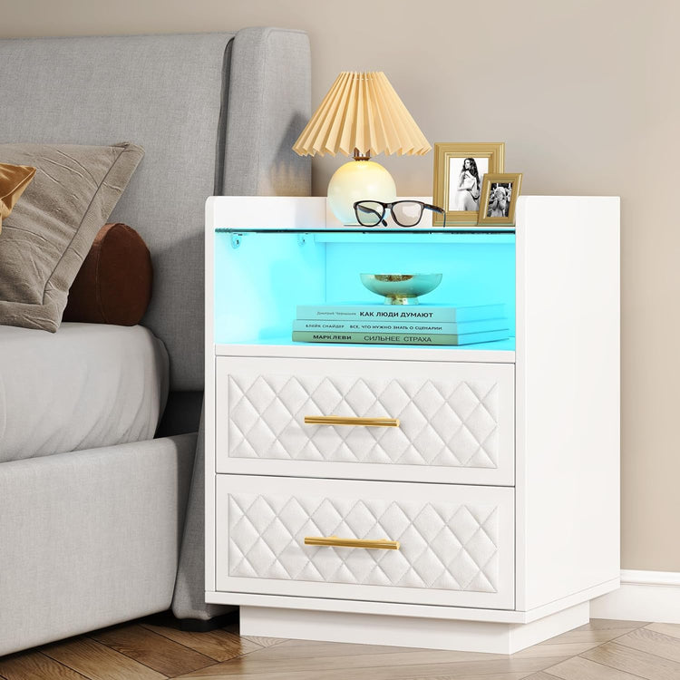 2 Drawers Nightstand Beside Table with LED Lights and Shelves Tribesigns