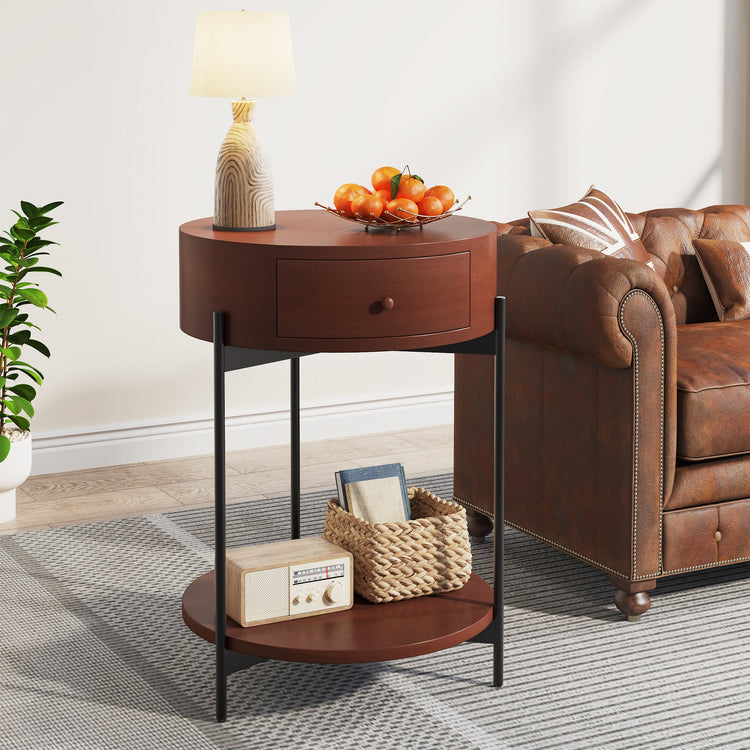 End Table, Round Bedside Table Nightstand with Drawer & Shelf Tribesigns