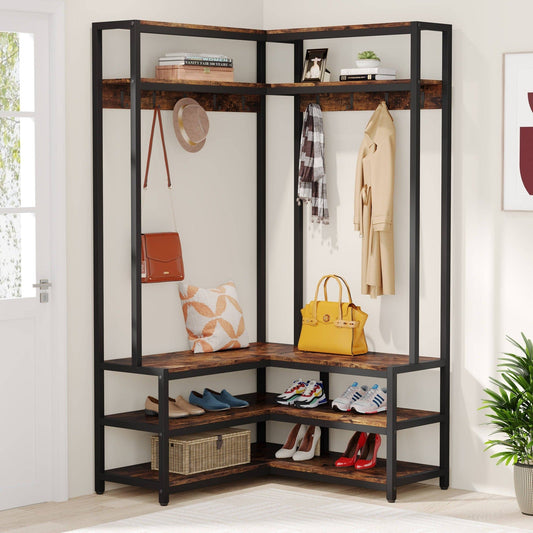 Freestanding Closet Organizer, L-Shaped Hall Tree with Shoe Bench Tribesigns