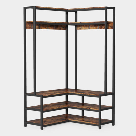 Freestanding Closet Organizer, L-Shaped Hall Tree with Shoe Bench Tribesigns