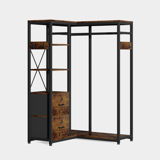 L Shaped Garment Rack with Shelves and 2 Fabric Drawers Tribesigns