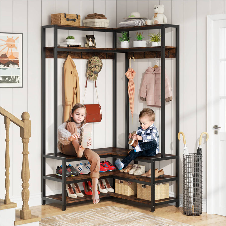 Freestanding Closet Organizer, L-Shaped Hall Tree with Shoe Bench Tribesigns