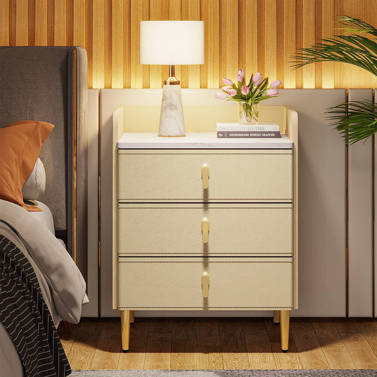 Nightstand with 3 Drawers, Modern Beside Table with Faux Marble Top Tribesigns