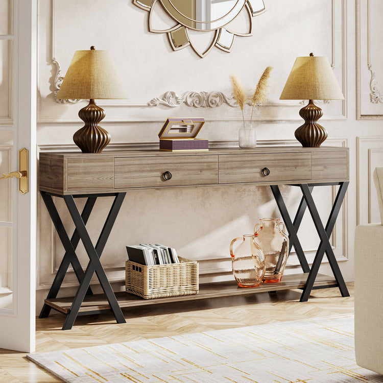 2 Drawers Console Table, 71" Entryway Sofa Table with Shelf Tribesigns