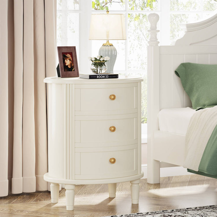 Nightstand, Off-White Bedside Table with 3 Drawers & Solid Wood Legs Tribesigns