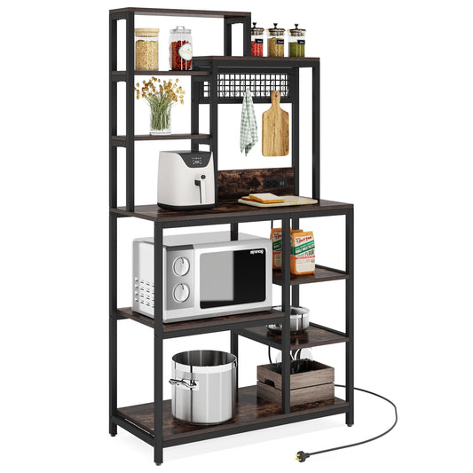 Bakers Rack with Power Outlet, 9-Tier Microwave Stand with Hutch Tribesigns