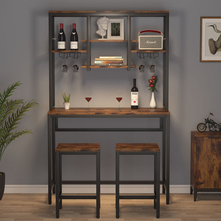 Bar Table Set, Industrial Pub Table with 2 Bar Stools & with Glass Holder Tribesigns