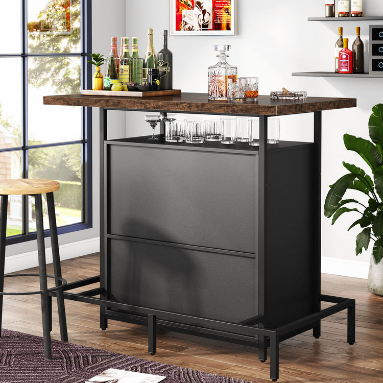Home Bar Unit, Industrial 3-Tier Liquor Bar Table with Glasses Holder Tribesigns