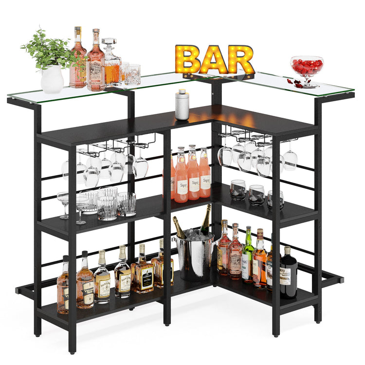 Home Bar Unit, L Shaped Liquor Bar Table with Glass Counter Top Tribesigns