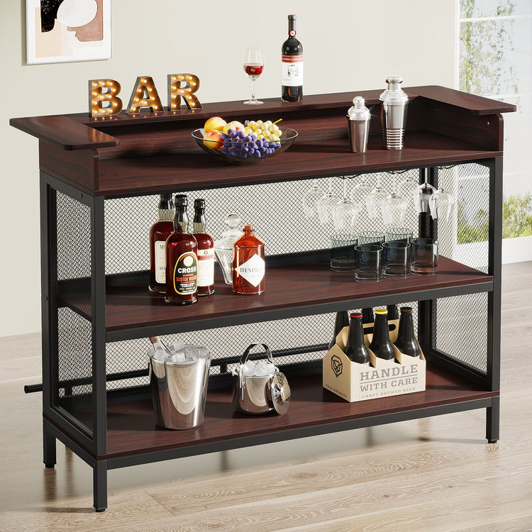 Home Bar Unit, Industrial 3 Tier Liquor Bar Table with Stemware Rack Tribesigns