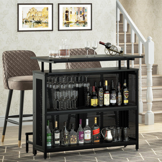 Bar Unit, 3 Tier Liquor Home Bar Table with Stemware Racks Tribesigns