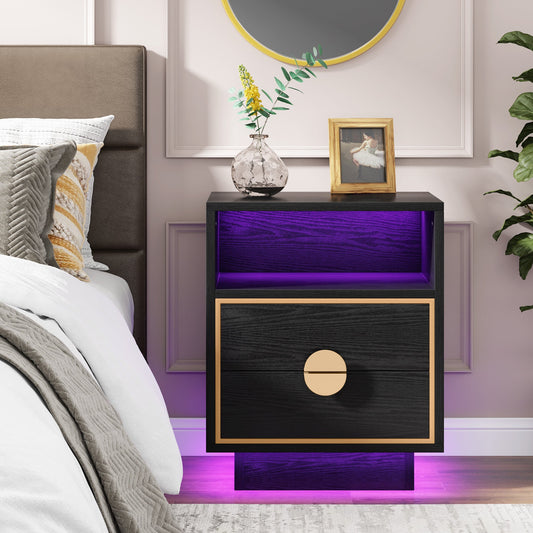 LED Nightstand, 2 Drawers Bedside End Table with Led Lights Tribesigns