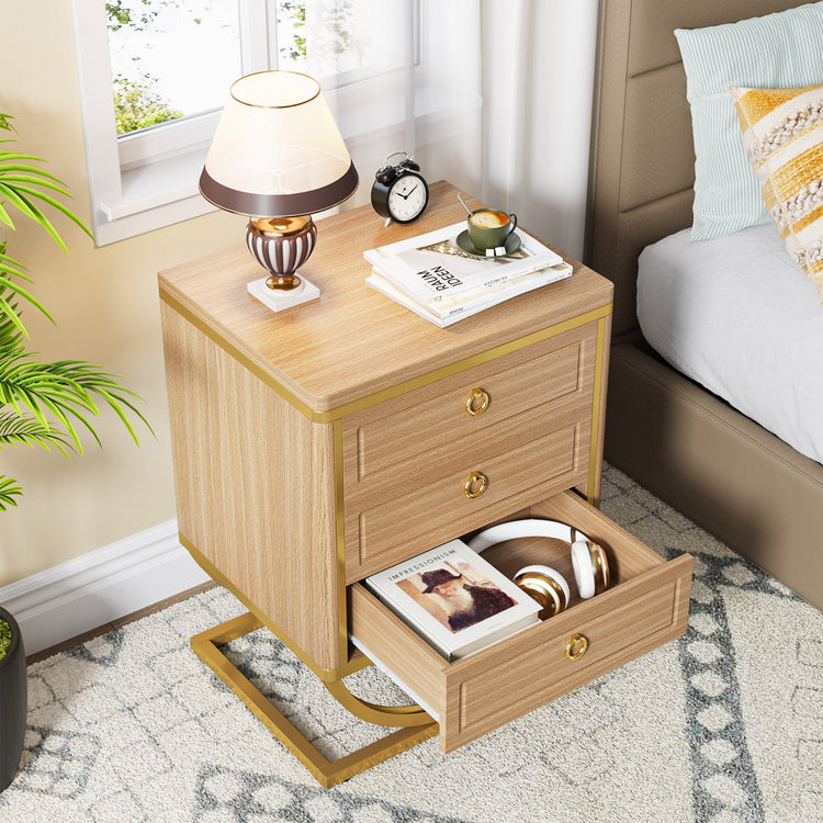 3 Drawers Nightstand, Modern Wood Bedside Table with Metal Frame Tribesigns