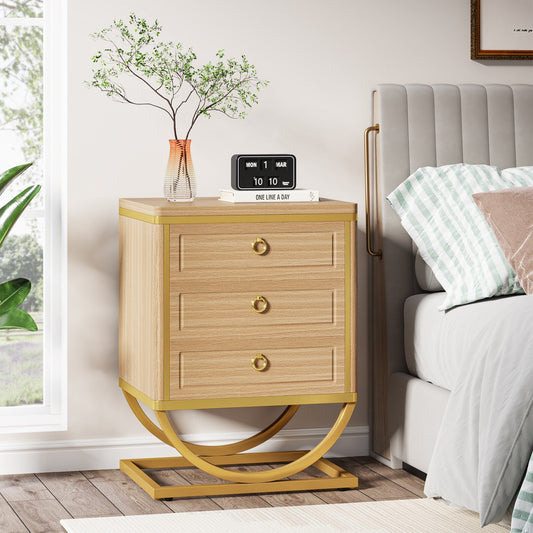 3 Drawers Nightstand, Modern Wood Bedside Table with Metal Frame Tribesigns