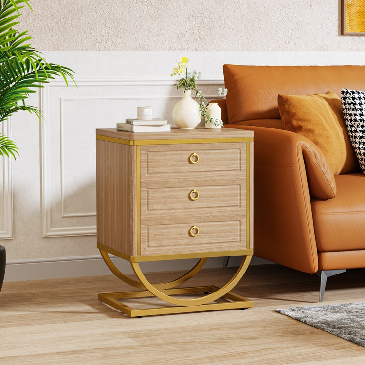 3 Drawers Nightstand, Modern Wood Bedside Table with Metal Frame Tribesigns