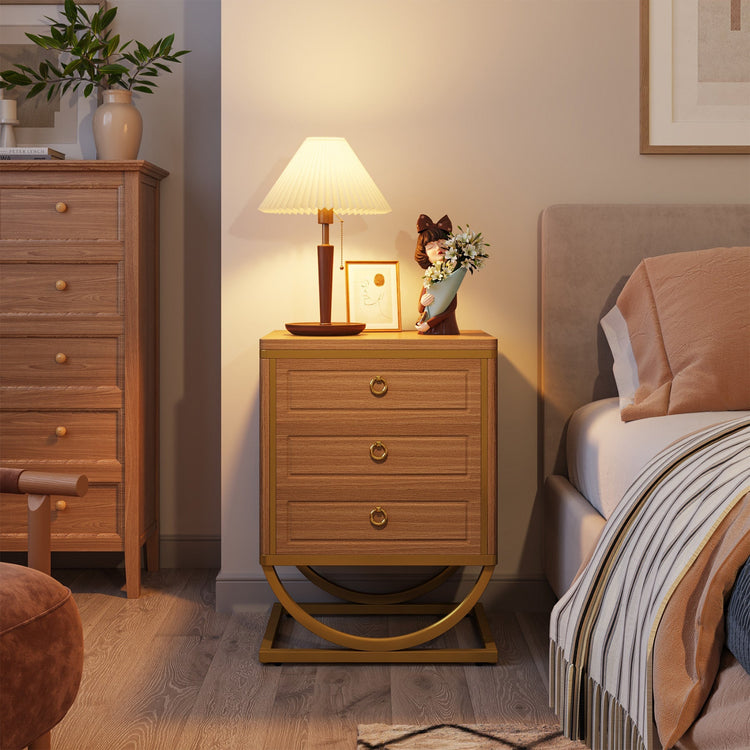3 Drawers Nightstand, Modern Wood Bedside Table with Metal Frame Tribesigns