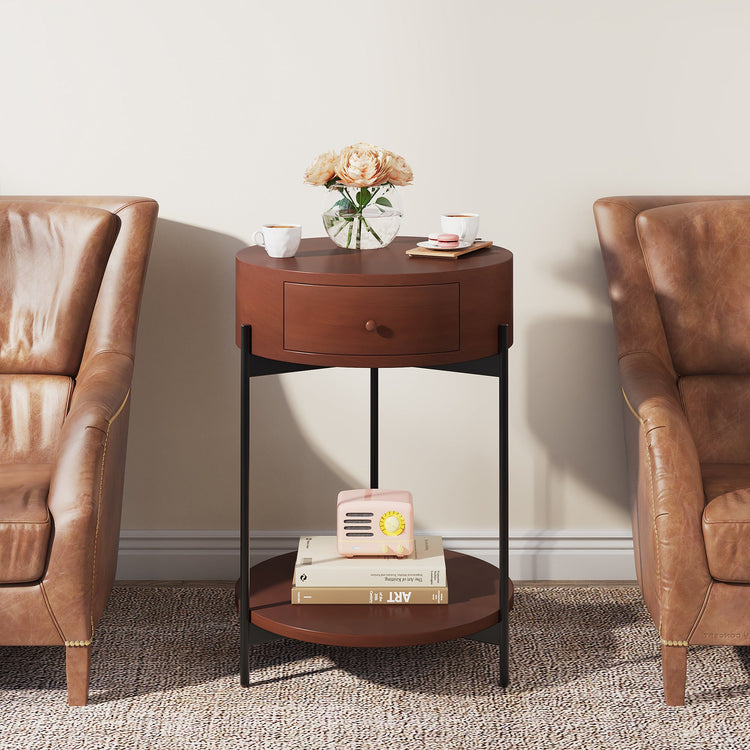 End Table, Round Bedside Table Nightstand with Drawer & Shelf Tribesigns