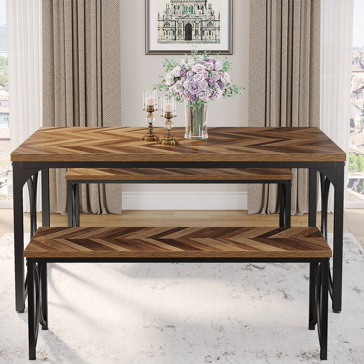 3-Piece Dining Table Set, 47'' Rectangular Kitchen Table with Two Benches Tribesigns