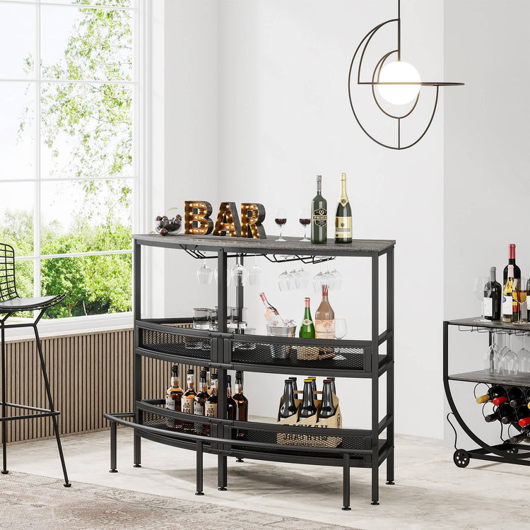 Bar Unit, 3 Tier Bar Counter with Storage Shelves and Stemware Holder Tribesigns