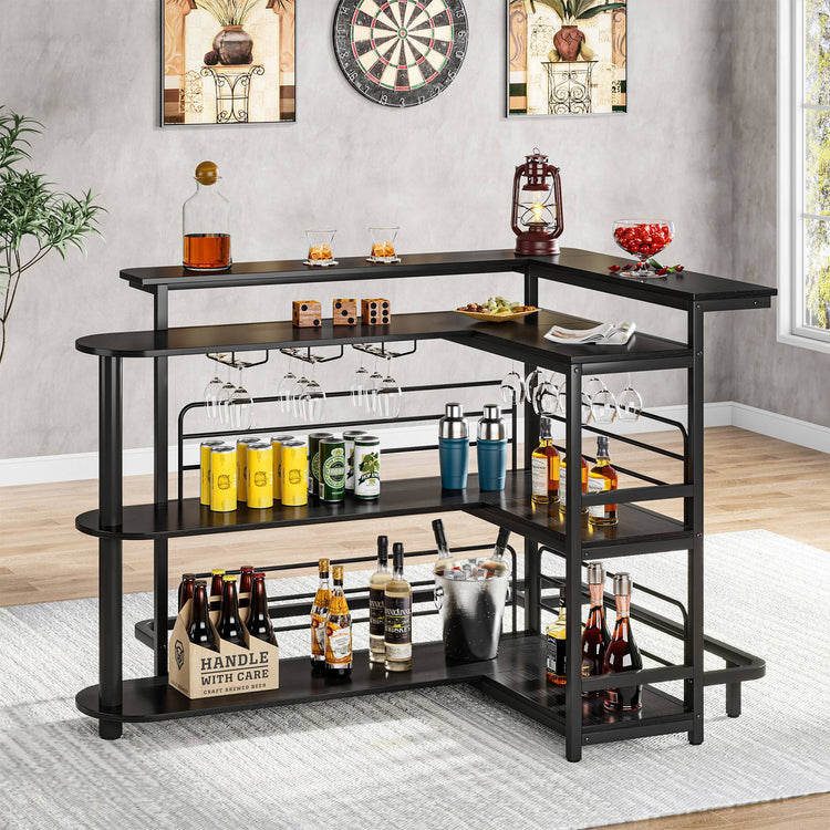 Home Bar Unit, 4 Tier L-Shaped Liquor Bar Table with Storage Shelves Tribesigns