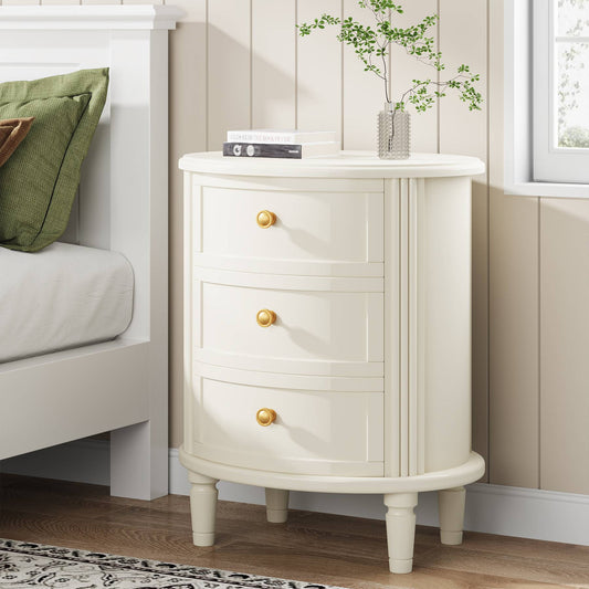 Nightstand, Off-White Bedside Table with 3 Drawers & Solid Wood Legs Tribesigns
