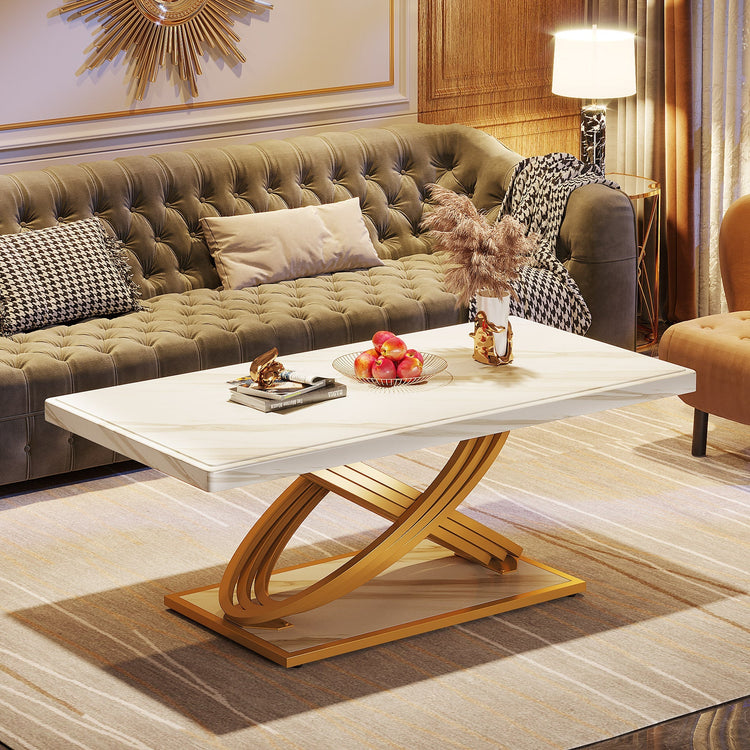 47" Modern Coffee Table, Faux Marble Center Tea Table with Metal Base Tribesigns