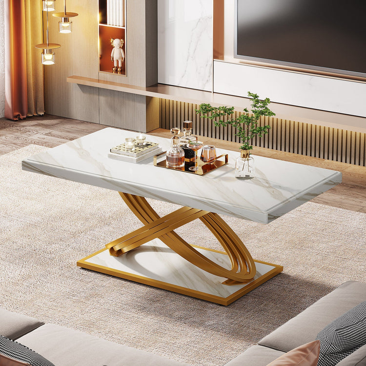47" Modern Coffee Table, Faux Marble Center Tea Table with Metal Base Tribesigns