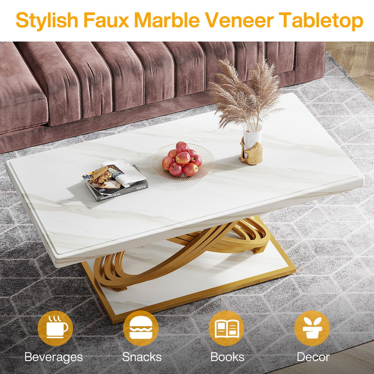 47" Modern Coffee Table, Faux Marble Center Tea Table with Metal Base Tribesigns