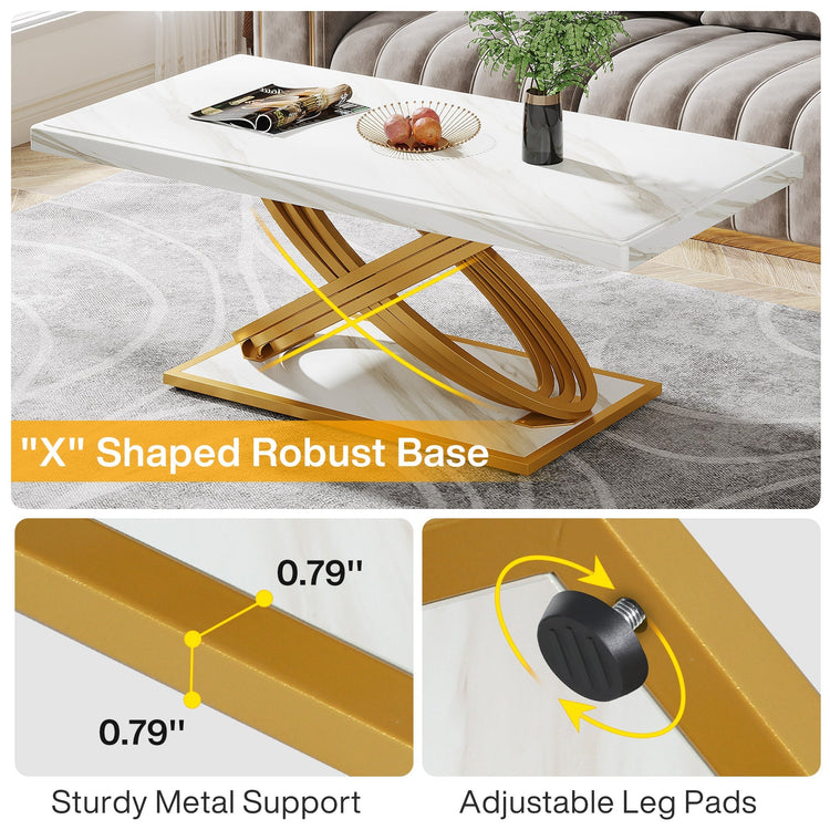 47" Modern Coffee Table, Faux Marble Center Tea Table with Metal Base Tribesigns