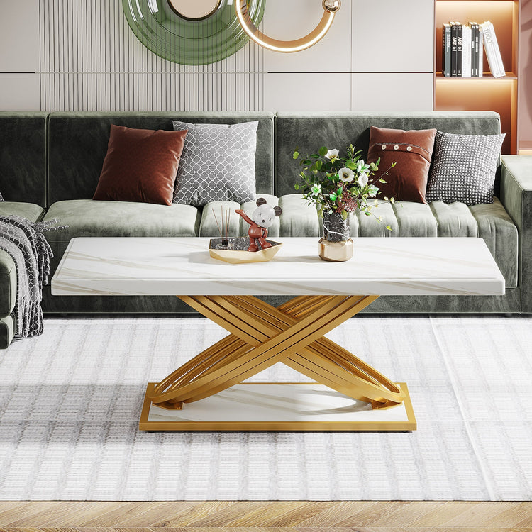 47" Modern Coffee Table, Faux Marble Center Tea Table with Metal Base Tribesigns