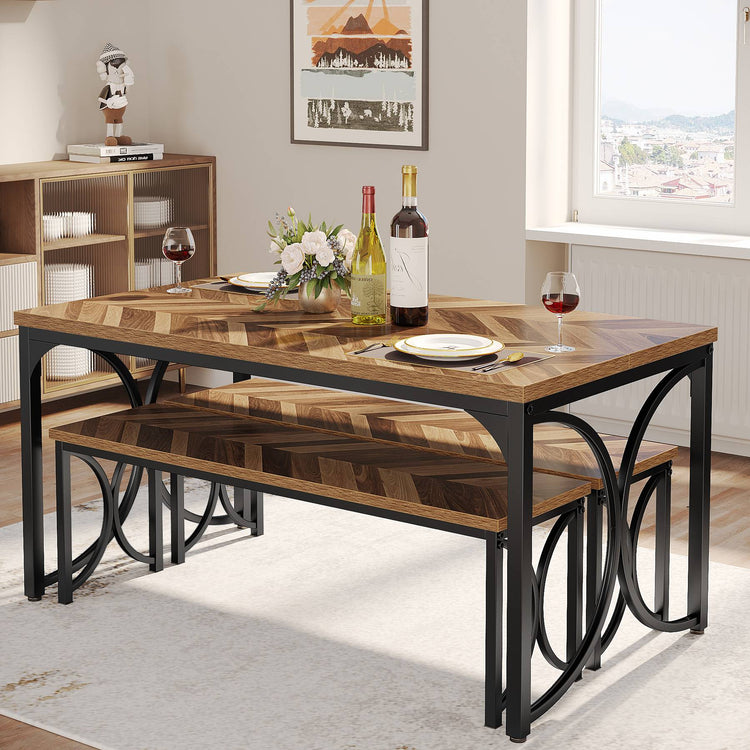 3-Piece Dining Table Set, 47'' Rectangular Kitchen Table with Two Benches Tribesigns