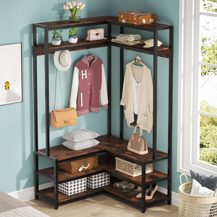 Freestanding Closet Organizer, L-Shaped Hall Tree with Shoe Bench Tribesigns