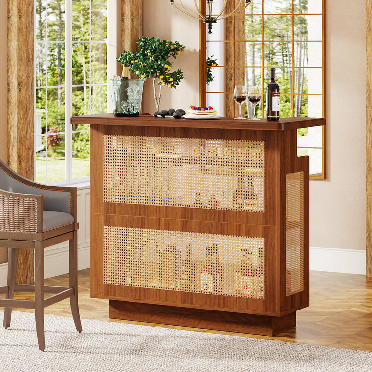 Bar Unit, 4-Tier Rattan Liquor Wine Bar Cabinet with Stemware Racks Tribesigns