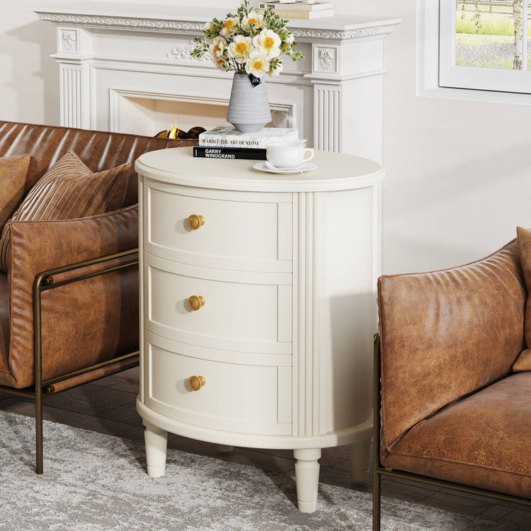 Nightstand, Off-White Bedside Table with 3 Drawers & Solid Wood Legs Tribesigns