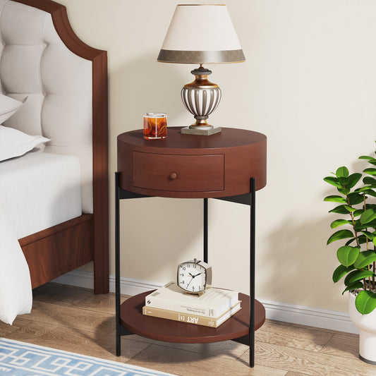 End Table, Round Bedside Table Nightstand with Drawer & Shelf Tribesigns