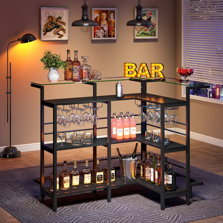 Home Bar Unit, L Shaped Liquor Bar Table with Glass Counter Top Tribesigns