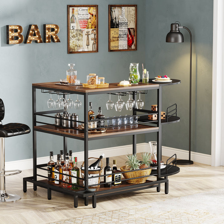 Home Bar Unit, 3-Tier L-Shaped Liquor Bar Table with Glass Holders Tribesigns