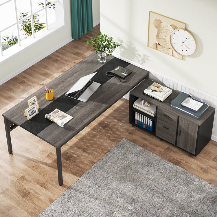L-Shaped Desk, 71" Executive Desk with 47" Mobile File Cabinet Tribesigns